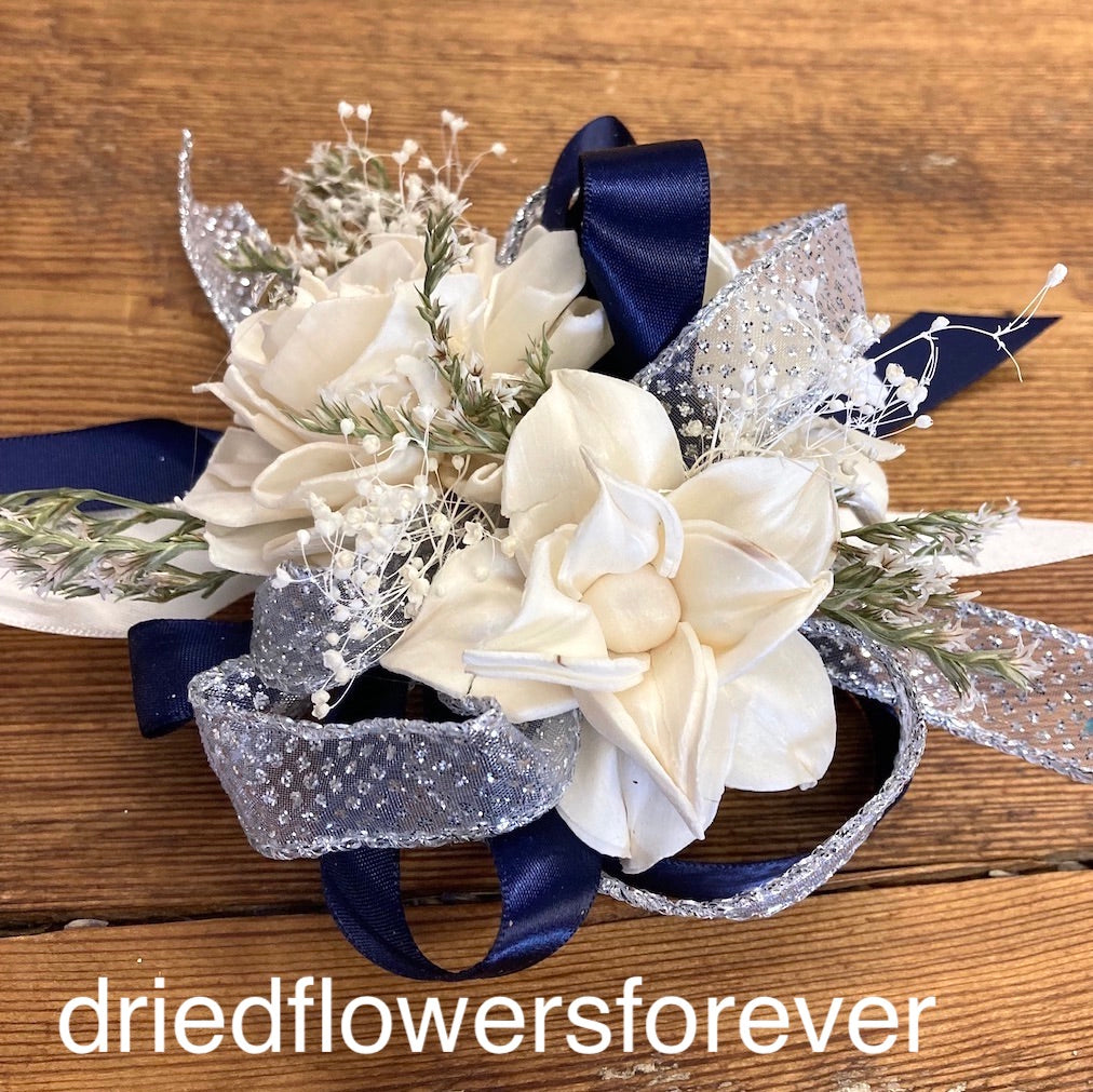 blue navy royal silver prom corsage dried flowers