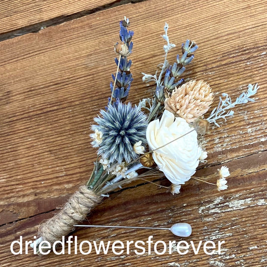 blue thistle lavender blush peach boutonniere dried flowers