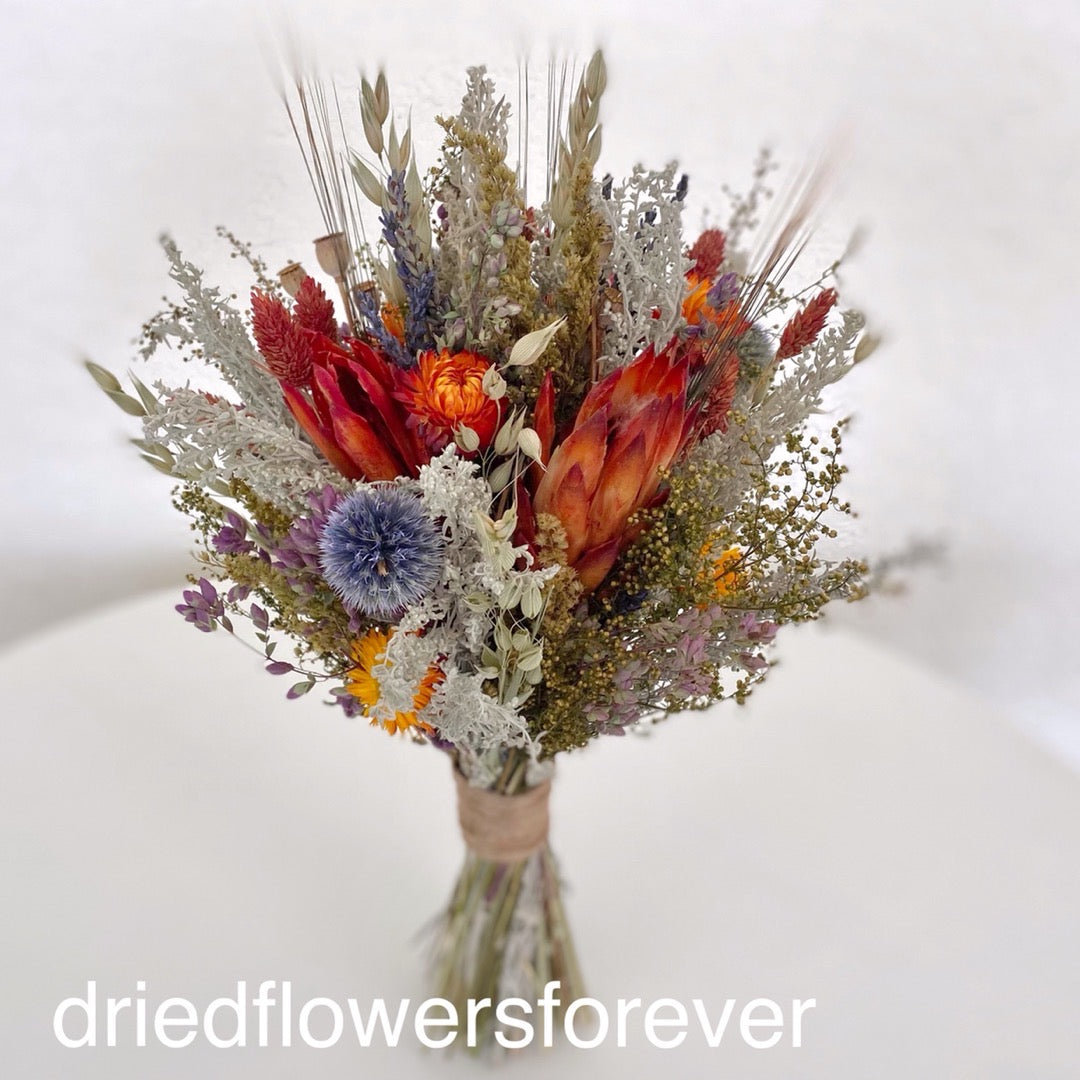 Blue gray orange dry flower wedding bouquet