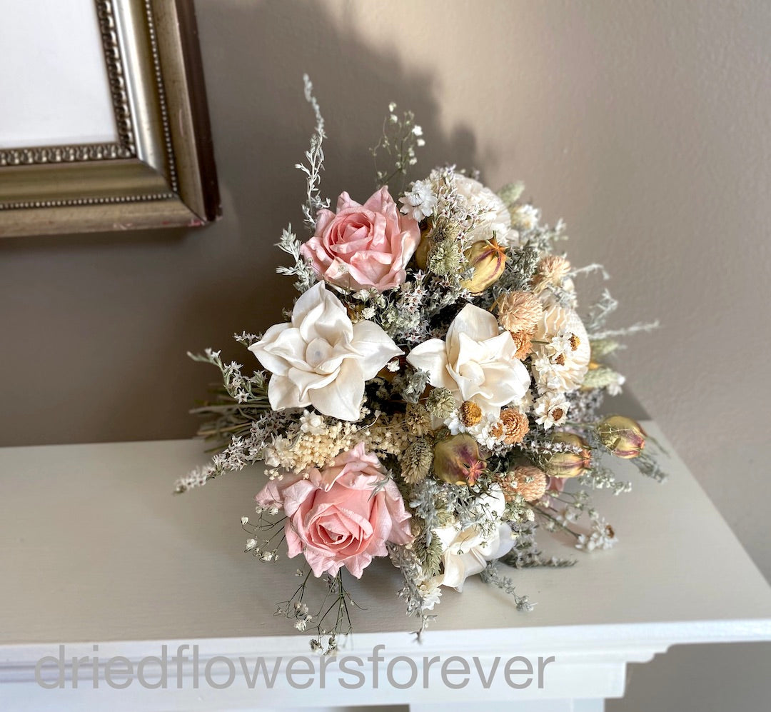 blush peach dried flower wedding bouquet amore