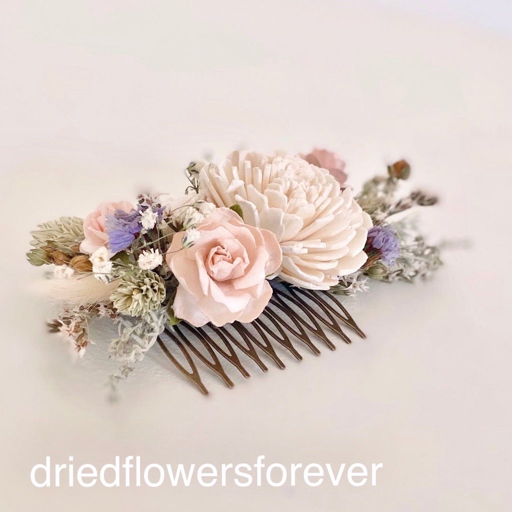 blush pink hair comb dried flowers