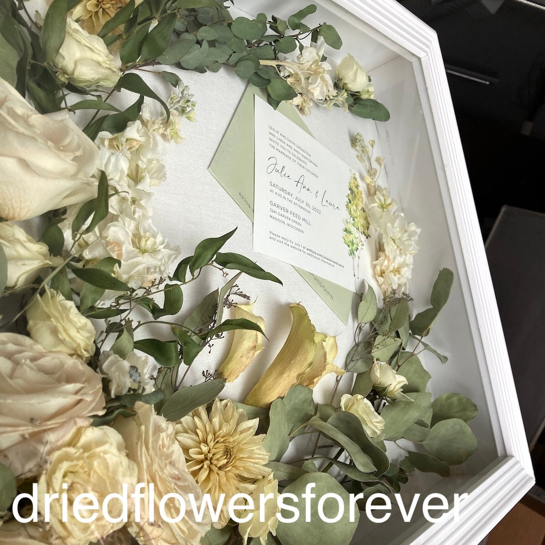 bouquet preserved wedding bridal shadow box white