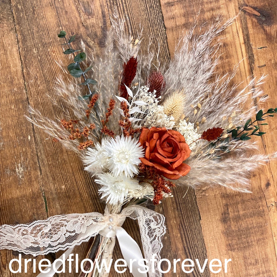 burnt orange rust wedding bouquet dried flowers neutral eucalyptus