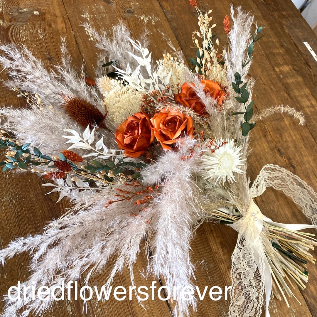 burnt orange terracotta dried flower wedding bouquet neutral