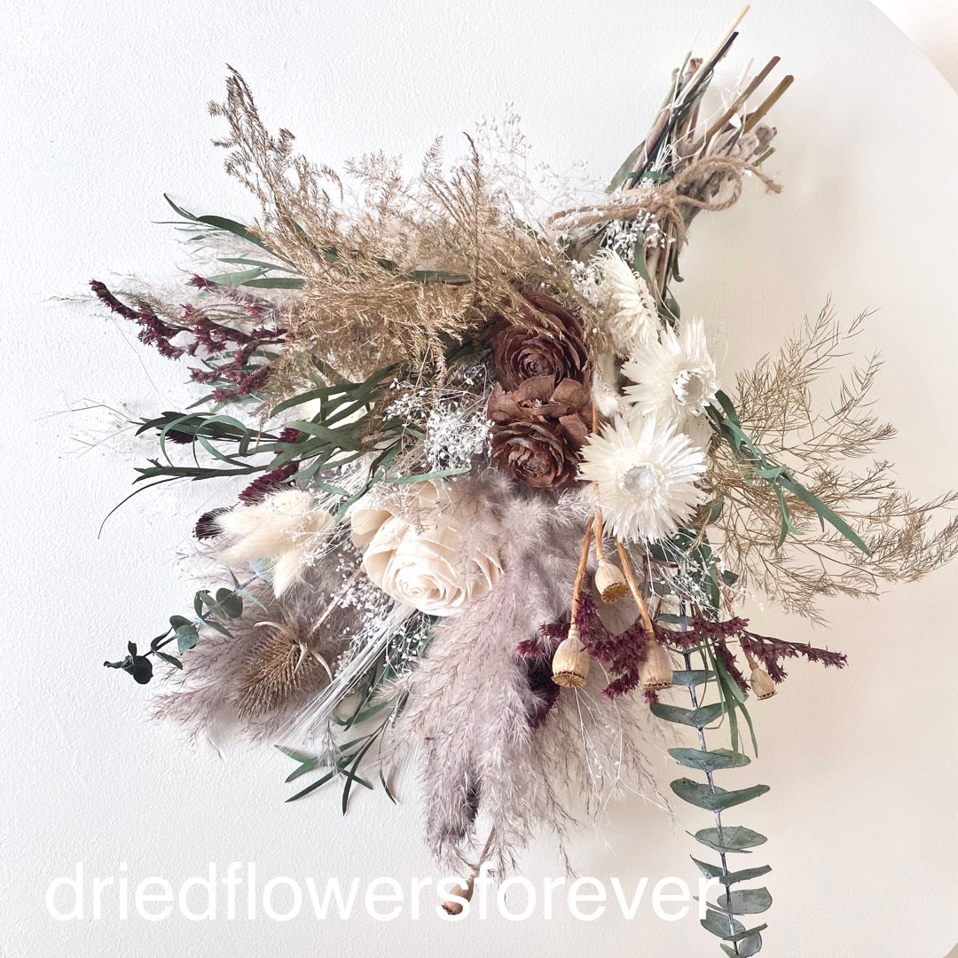 Dried flower neutral bouquet burgundy green eucalyptus cedar rose pampas