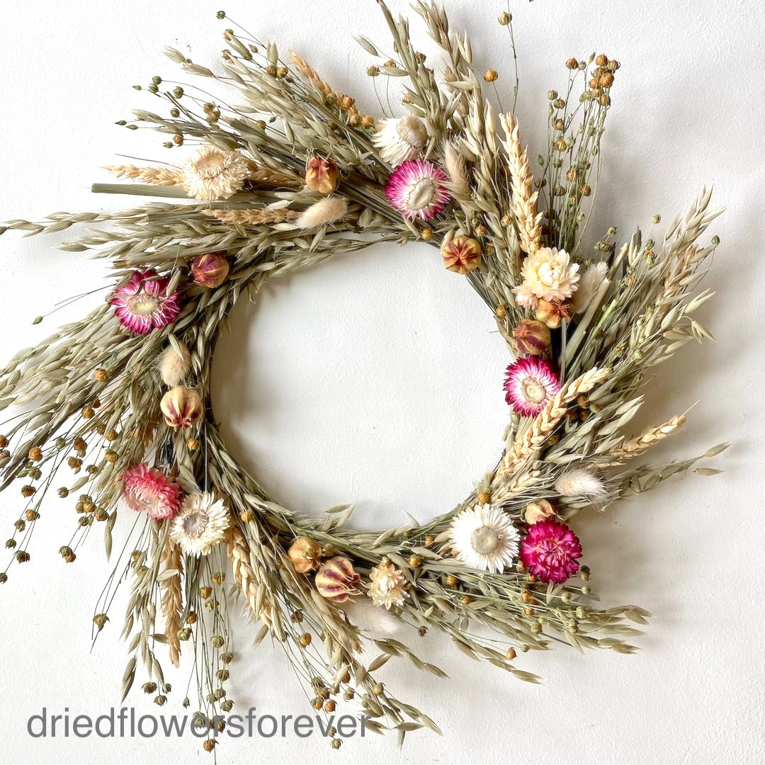 dried flower pink spring wreath