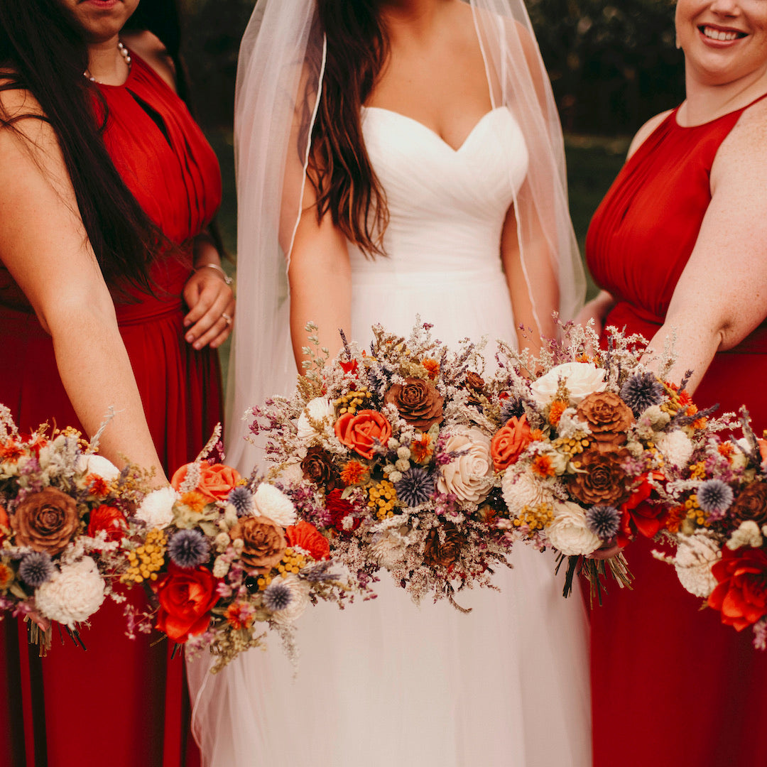 dried flower wedding bouquet orange yellow blue wildflower herb