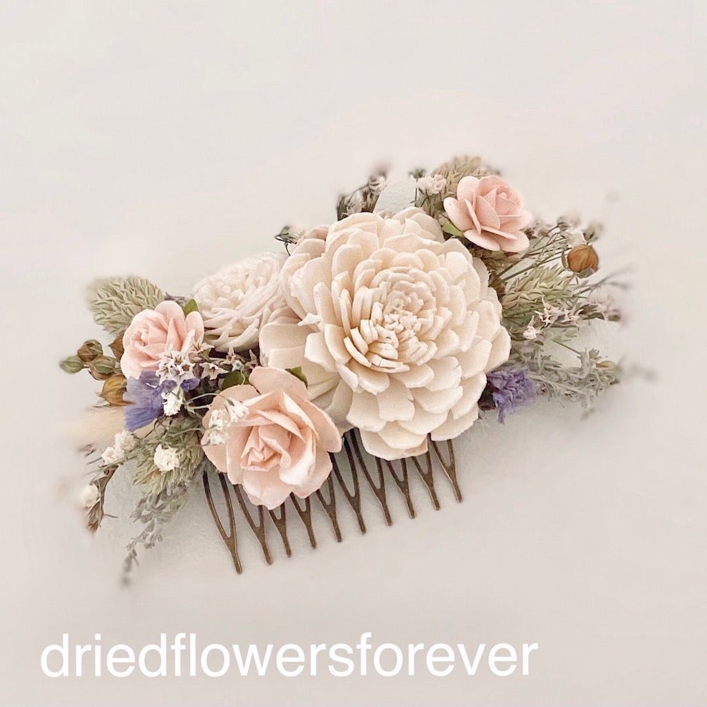 dried flower blush pink hair comb