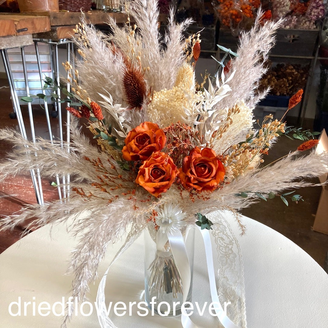 dried flower wedding bouquet boho burnt orange neutral