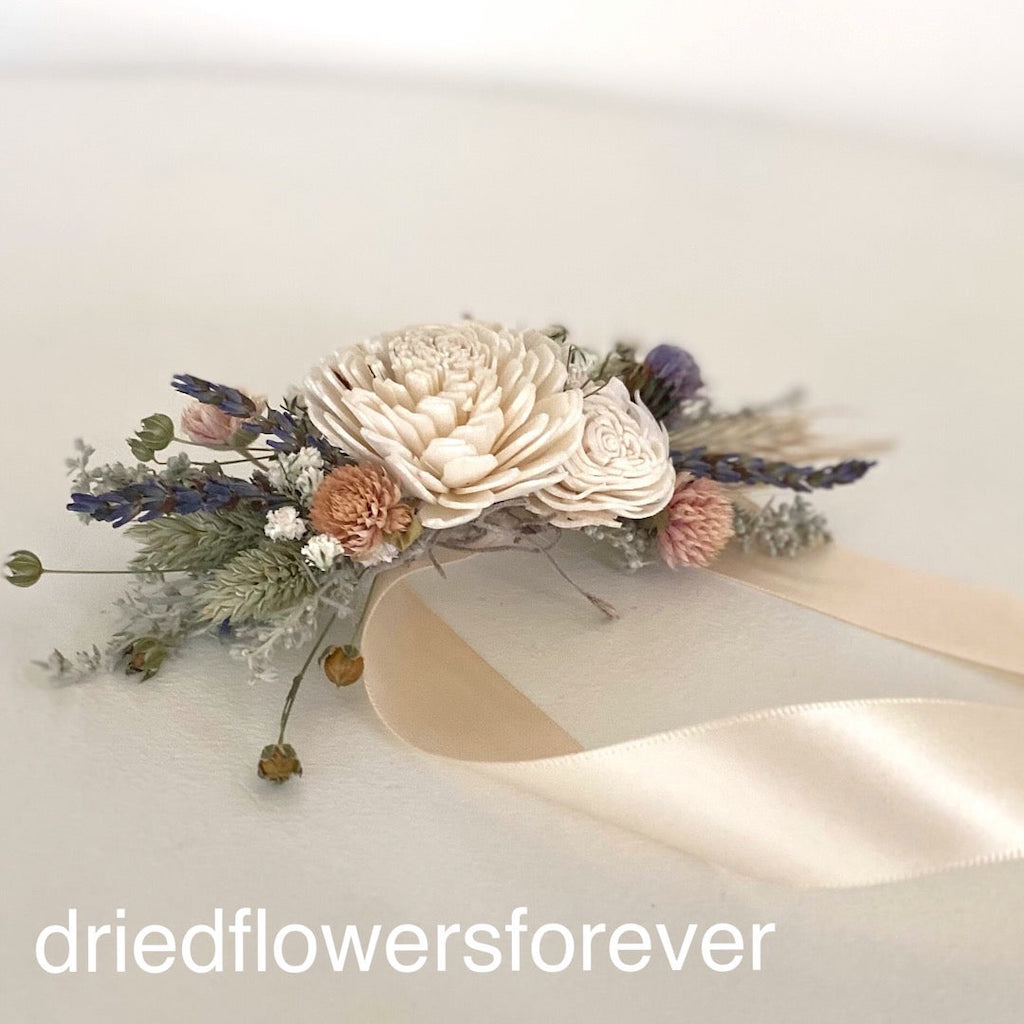 blush and lavender dried flower corsage