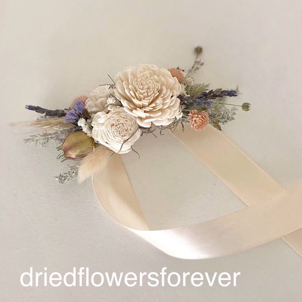 blush and lavender dried flower corsage