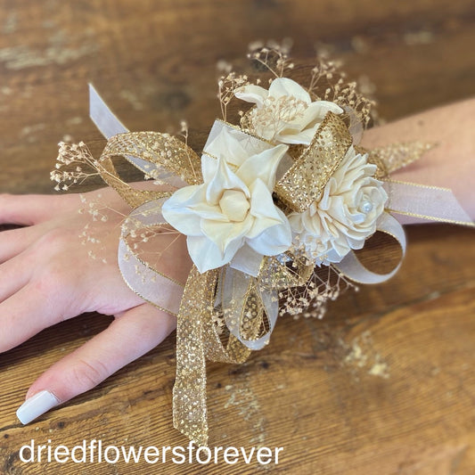 Gold and ivory white prom dried flower corsage 2