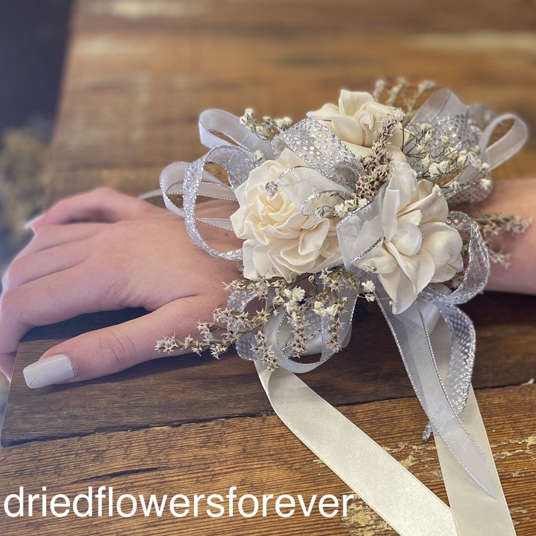 Silver and ivory white dried flower prom corsage