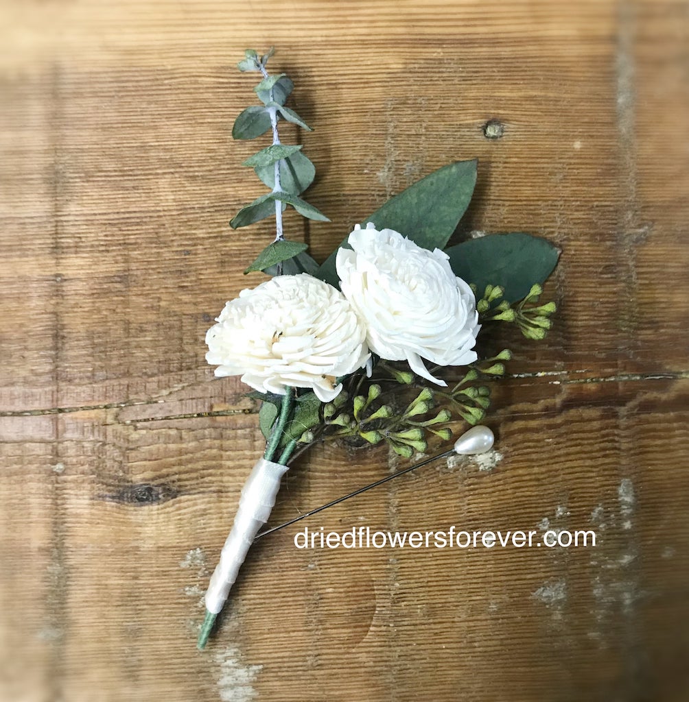 eucalyptus green ivory white dried flower boutonniere