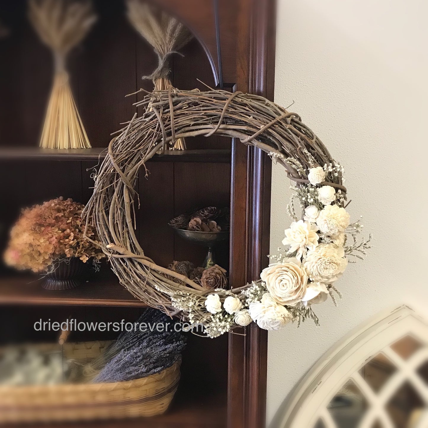 Ivory White Dried Flowers on 18” Grapevine Wreath
