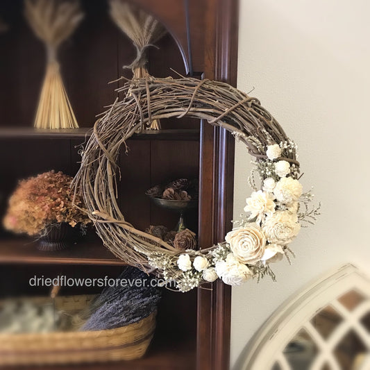 Ivory White Dried Flowers on 18” Grapevine Wreath