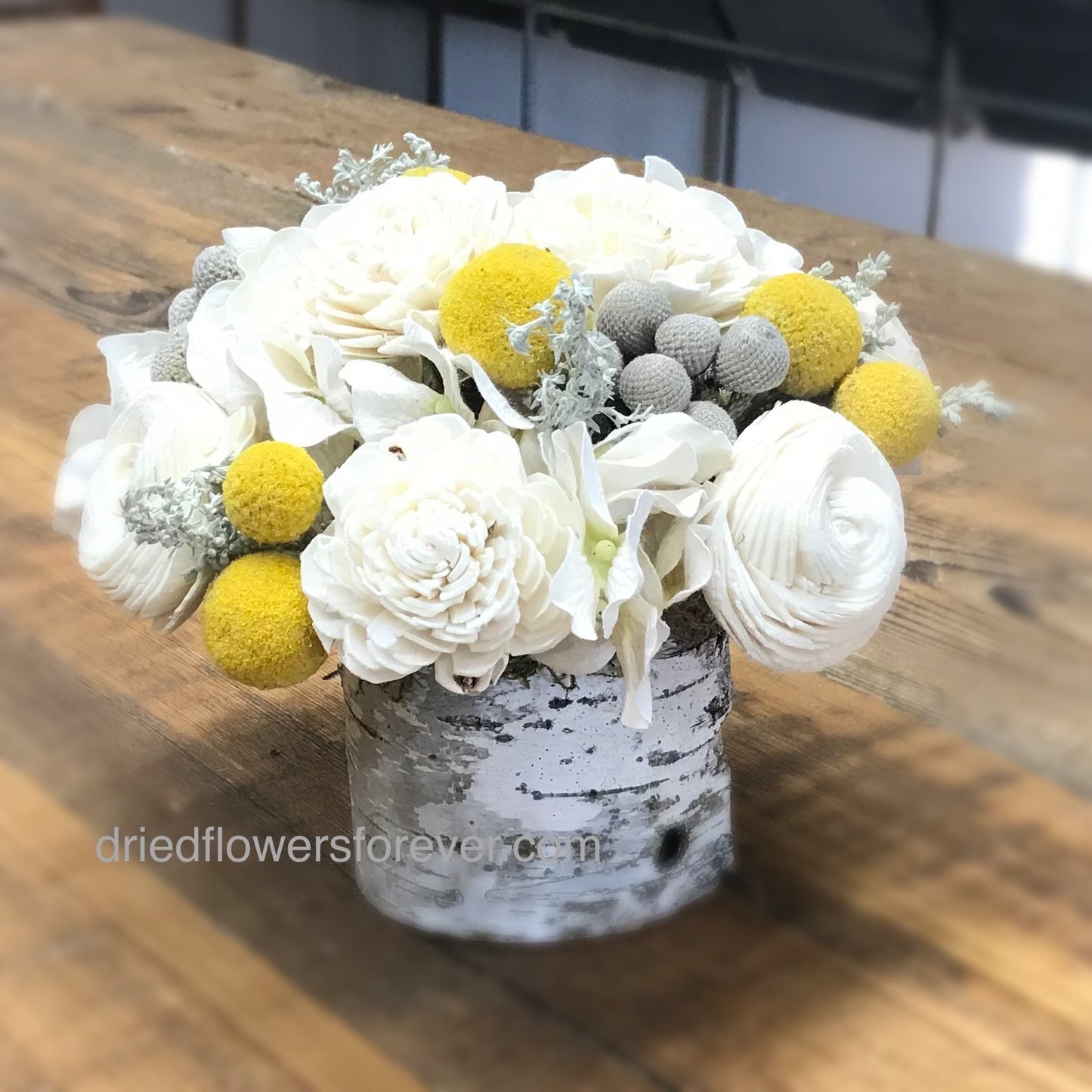 Yellow & Soft Gray Dried Floral Arrangement