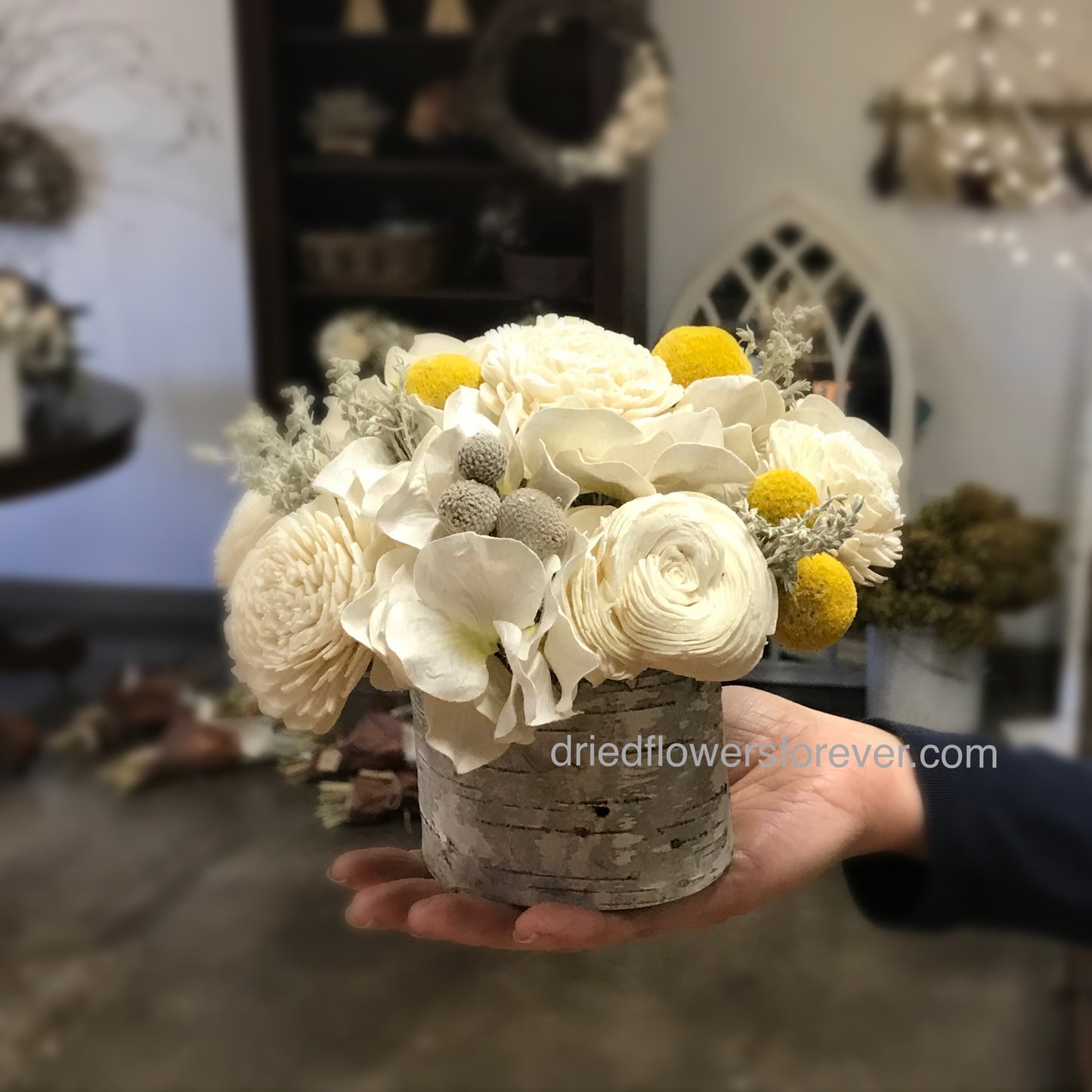 Yellow & Soft Gray Dried Floral Arrangement