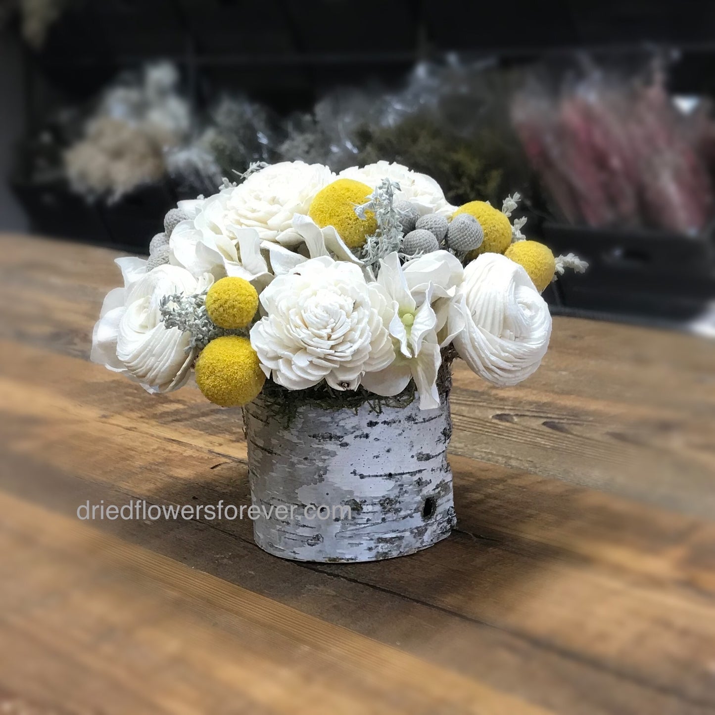 Yellow & Soft Gray Dried Floral Arrangement