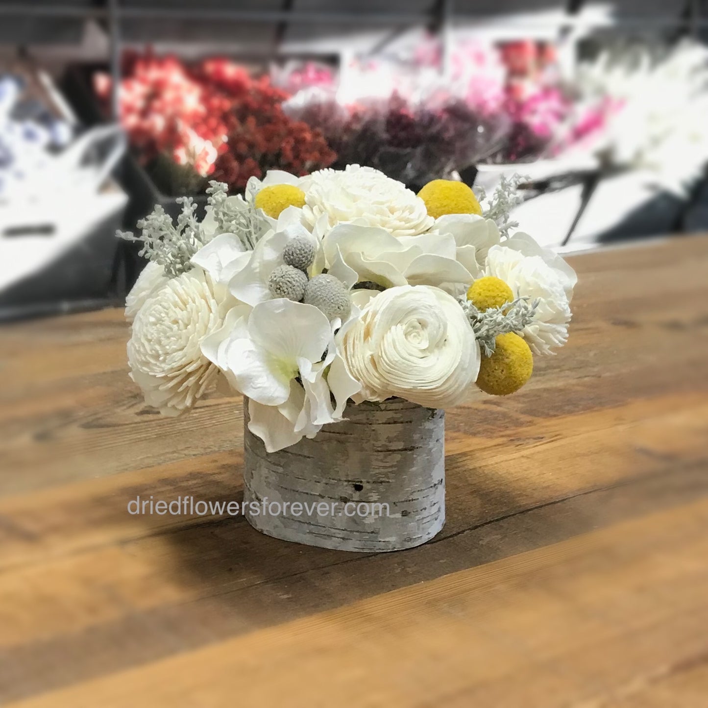 Yellow & Soft Gray Dried Floral Arrangement