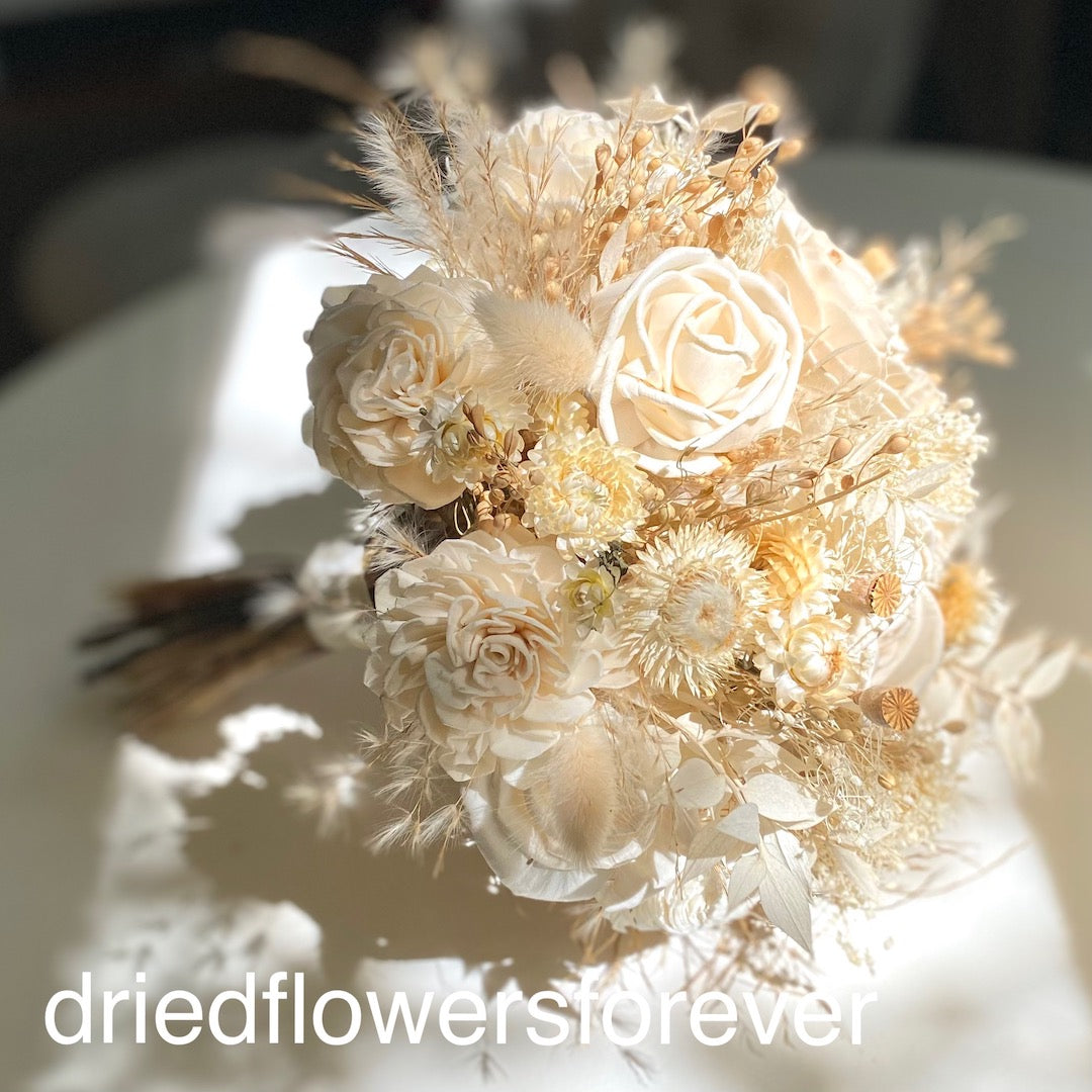 ivory cream neutral gold wedding bouquet dried flowers