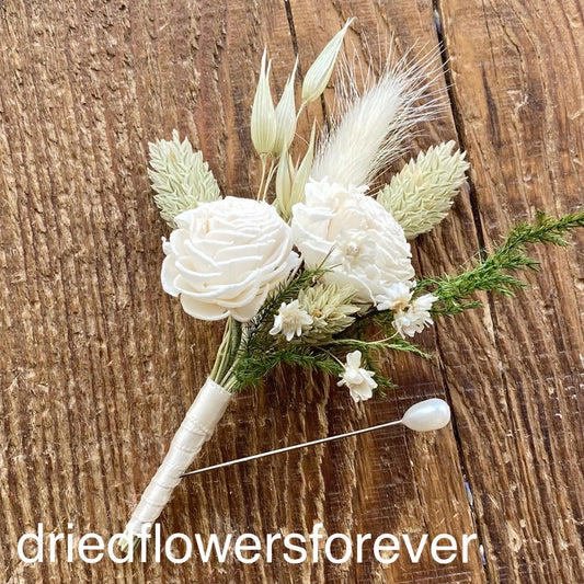 ivory moss green sage dried flower boutonniere