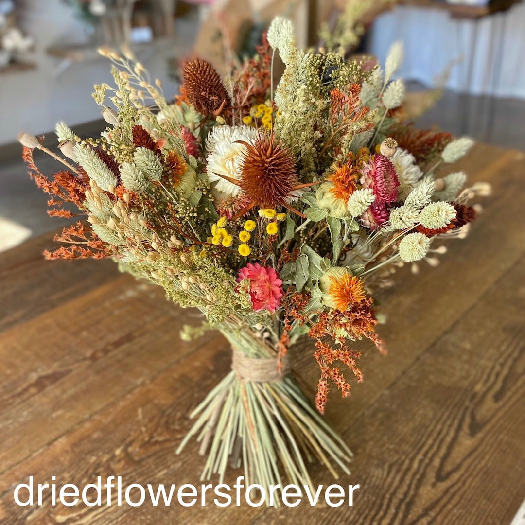 orange dried flower wedding bouquet 