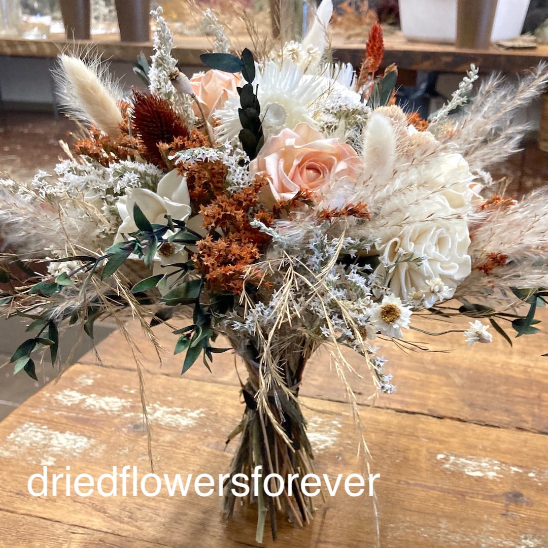 orange peach wedding bouquet dried fowers gold grass bridal