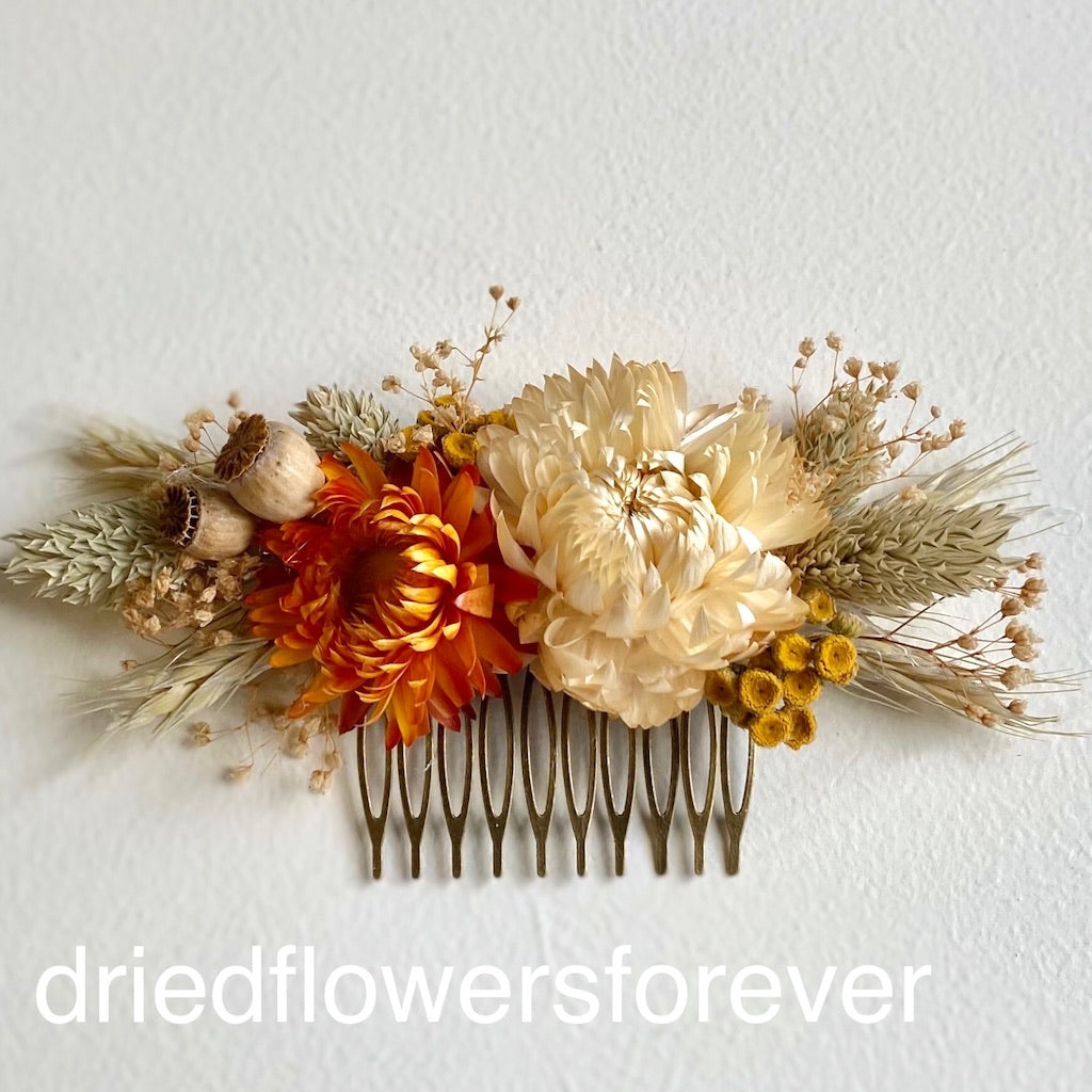 dried flower burnt orange and rust hair comb