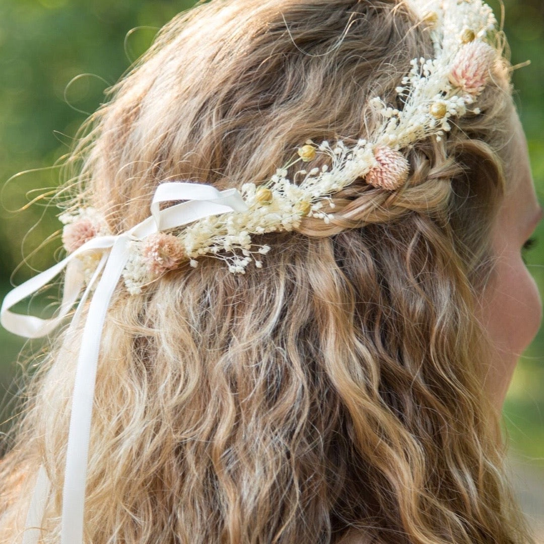 pale peach and silver dried flower crown