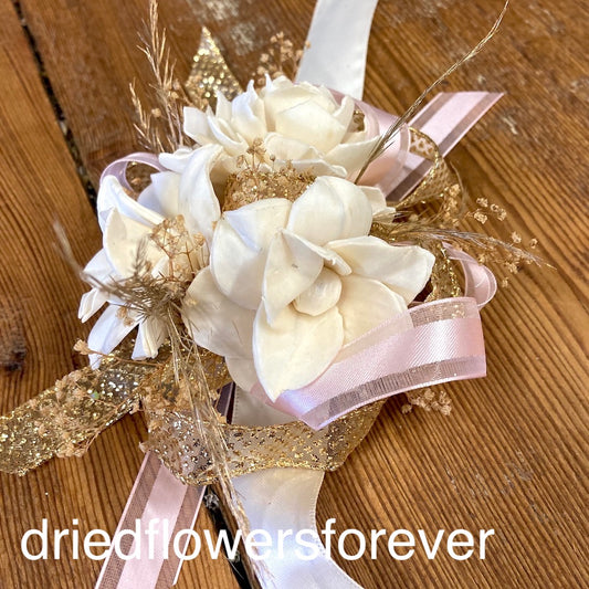 pink blush pale gold prom corsage dried flowers formal