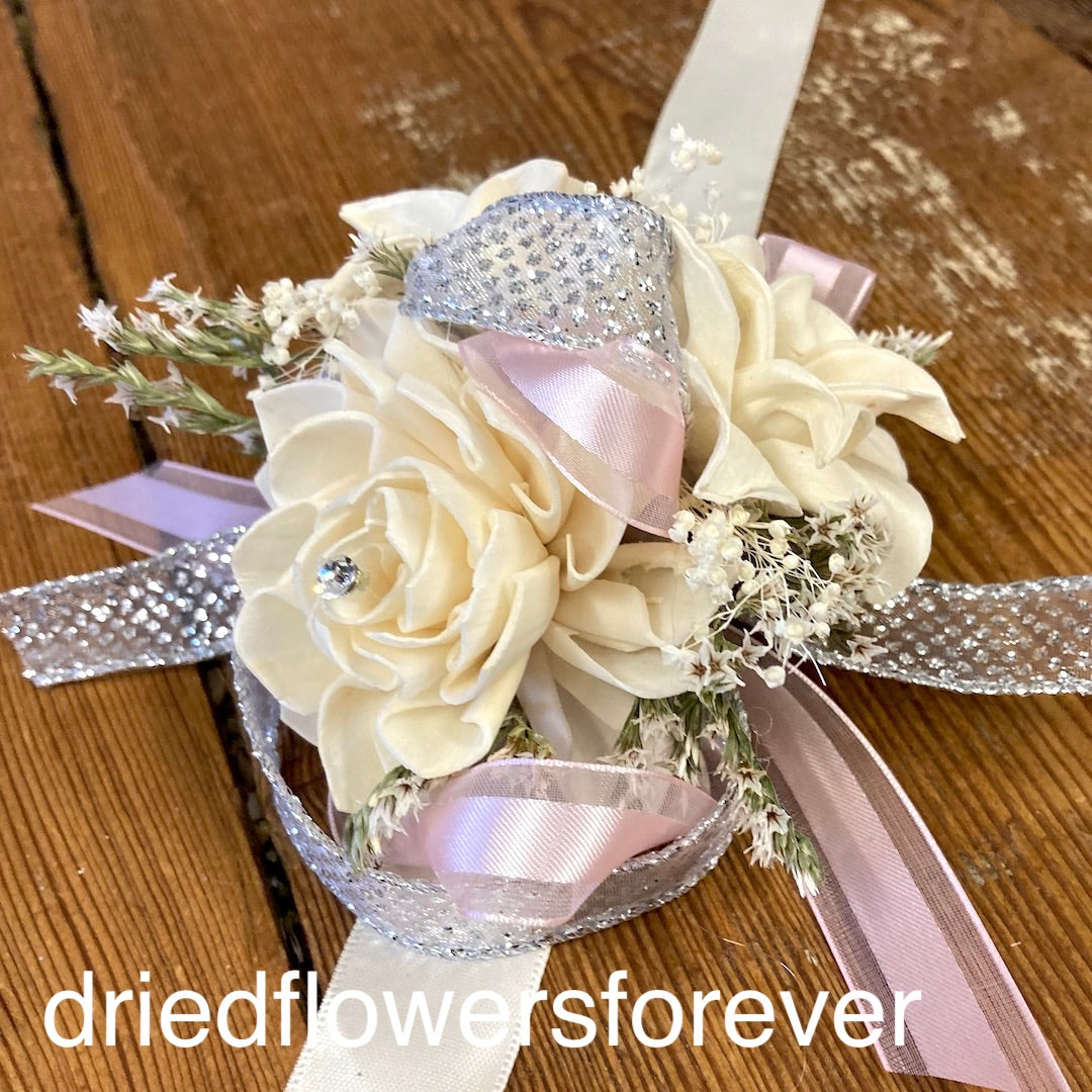 pink blush prom corsage wrist formal silver dried flowers
