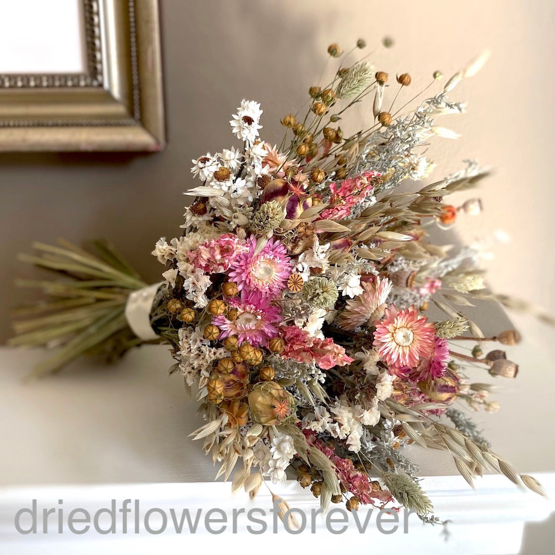 pink flower herb bouquet dried wedding bridal