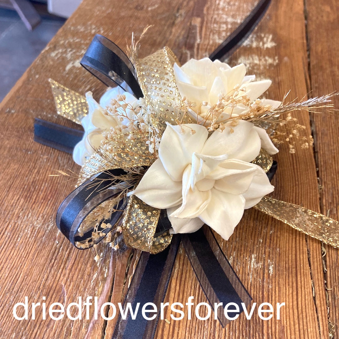 prom corsage black gold eco dried flowers