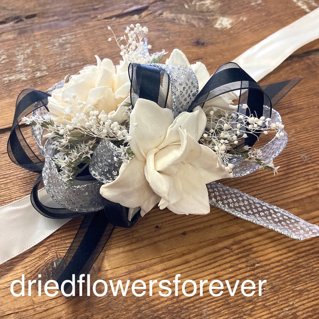 prom formal corsage black silver dried flowers