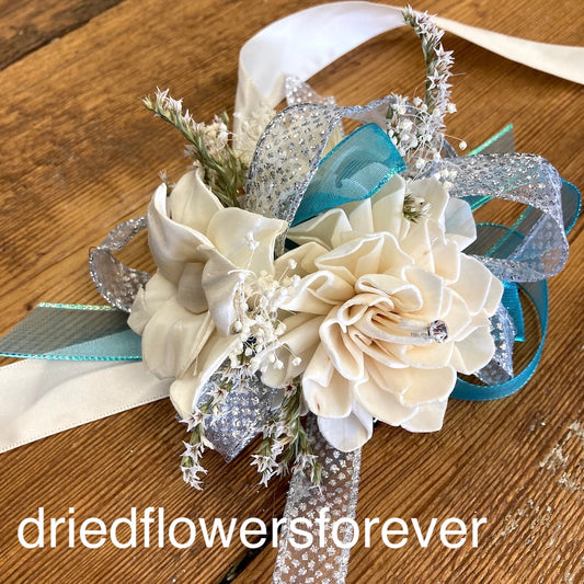 prom turquoise blue corsage dried flowers