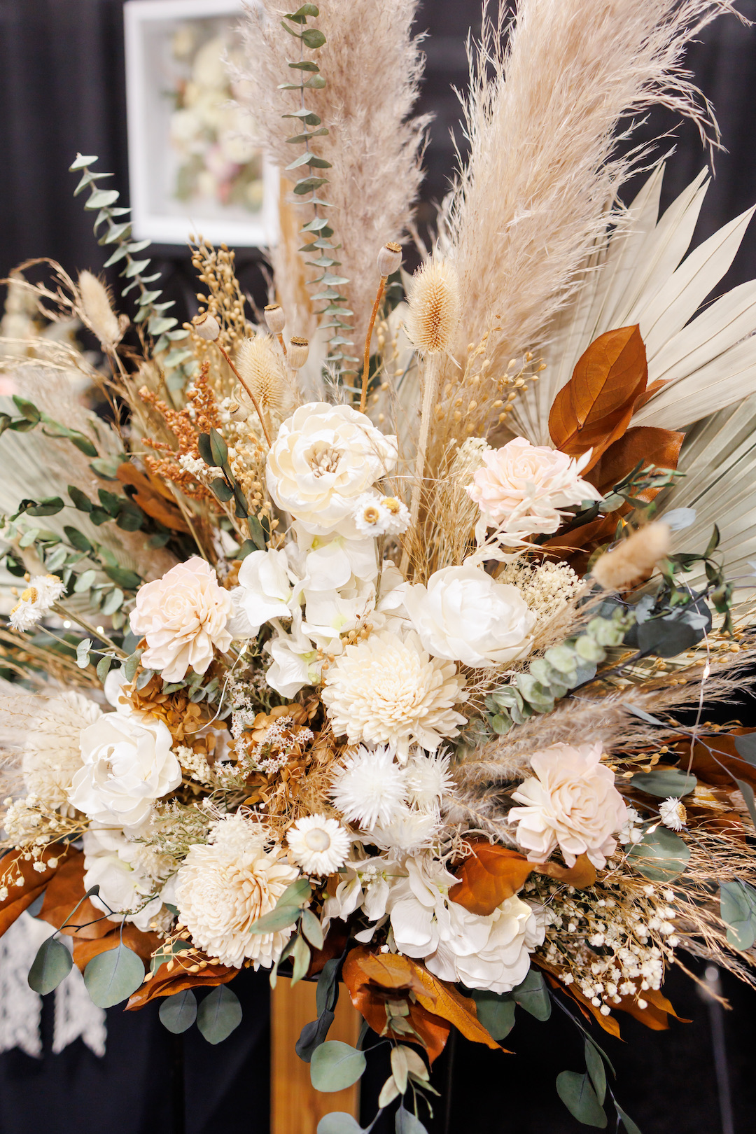 white-green-copper-sage-altar-barrel-wedding-arrangement-dried-flowers