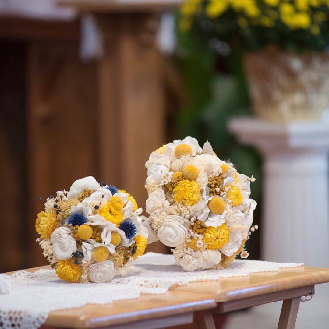 yellow blue wedding bouquet dried flowers