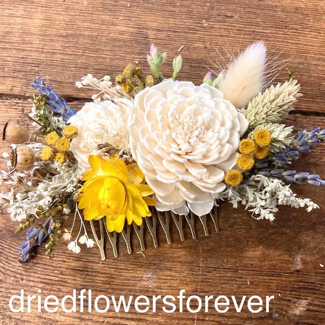 yellow lavender dried flower hair comb