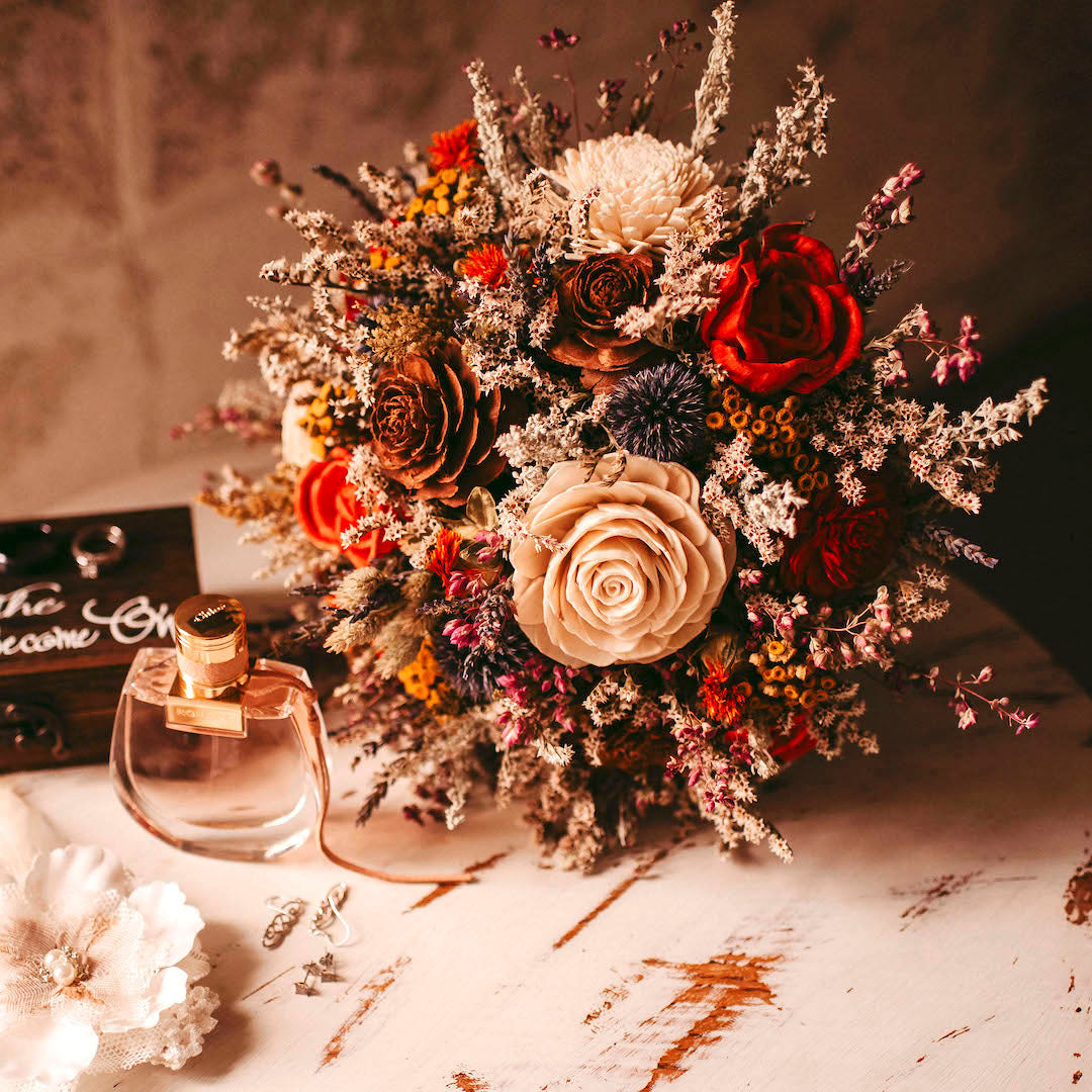 yellow orange brown dried flower wedding bouquet